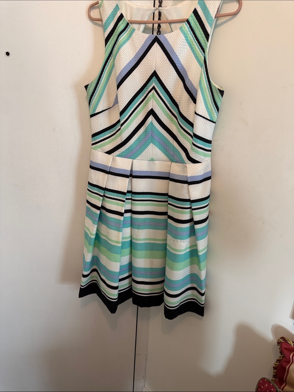 Gabby Skye Sleeveless Chevron & Stripe Mini Dress in Mint, Aqua, White & Black